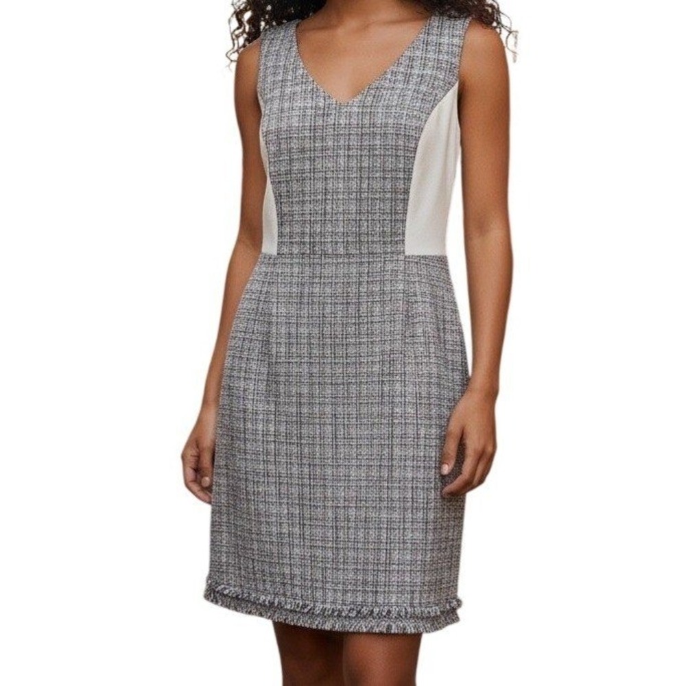 WHITE HOUSE BLACK MARKET Tweed Mix A-Line Fringe Hem Wisteria White Dress NEW 10